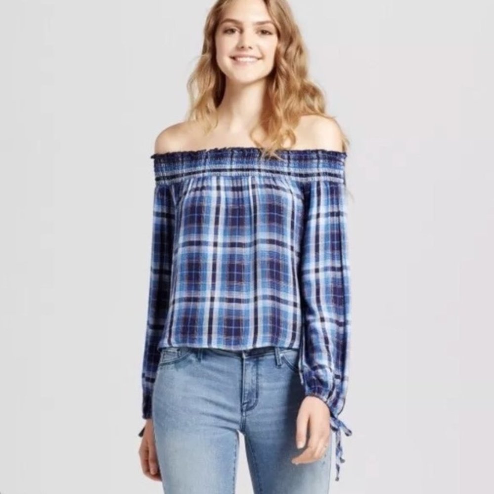 Mossimo Blue Plaid Off Shoulder Top Size Large